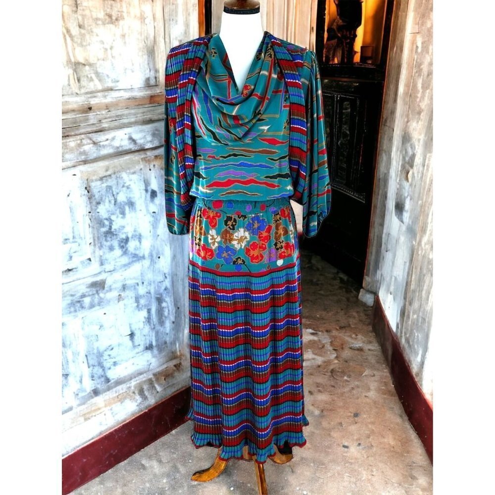 Vintage 80's Diane Freis Teal/Multicolor Mix Print Pleated Midi Dress L/XL